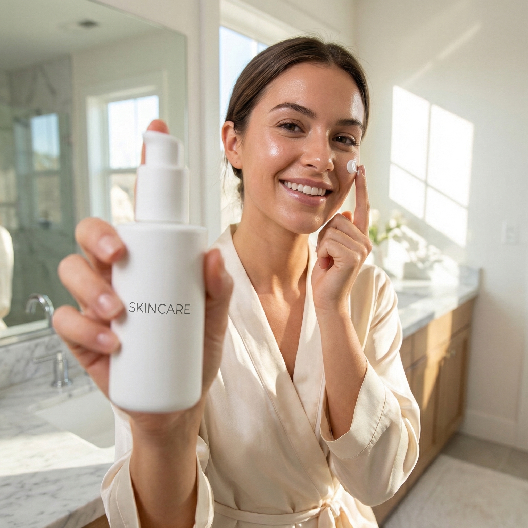 AI generated UGC advertisement showing skincare product in lifestyle setting